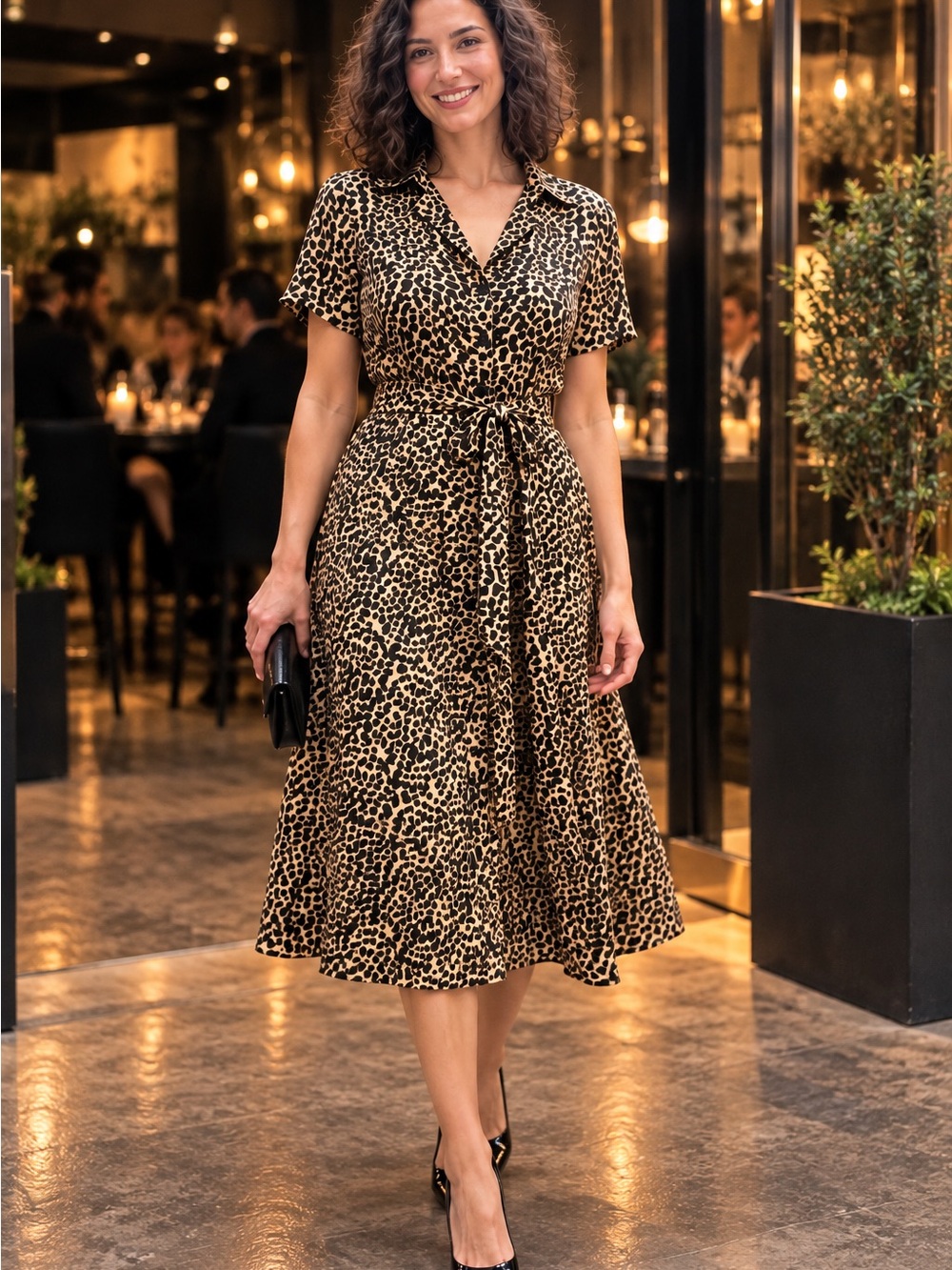 CHIC by Jacob Leopard Print Midi Shirt Dress Tie Waist V Neck Party Dress Med